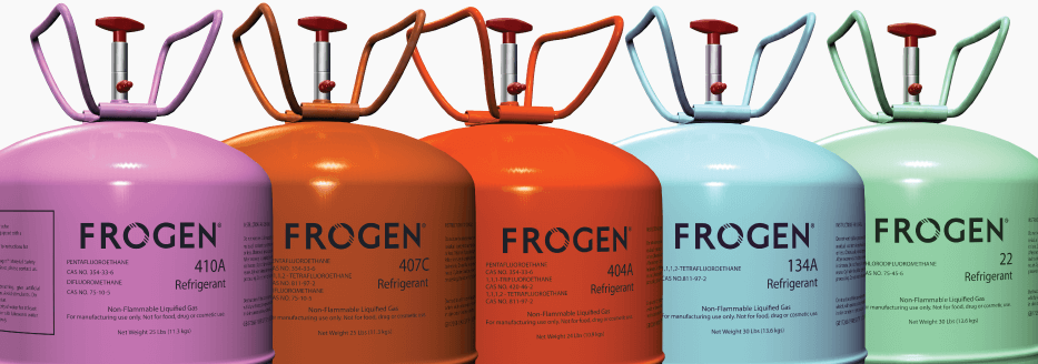 A row of five Frogen refrigerant tanks in different colors and labels, indicating various types: 410A (purple), 407C (orange), 404A (red), 134a (blue), and 22 (green). Each tank is labeled with the product name "Frogen," the specific refrigerant type, and its properties, emphasizing their non-flammable, liquefied gas nature.
